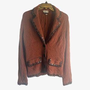 Berek by Takako Sakon 100% Wool Embellished Beaded Cardigan Size Large Brown